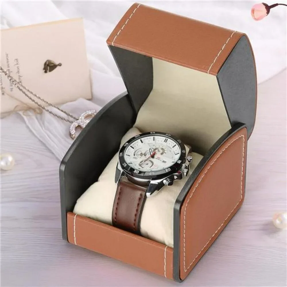 Single Watch Box PU Leather Case with Pillow Jewelry Display Storage Brown